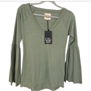 Chaser Sage  V-Neck Bell Sleeve Top NEW!